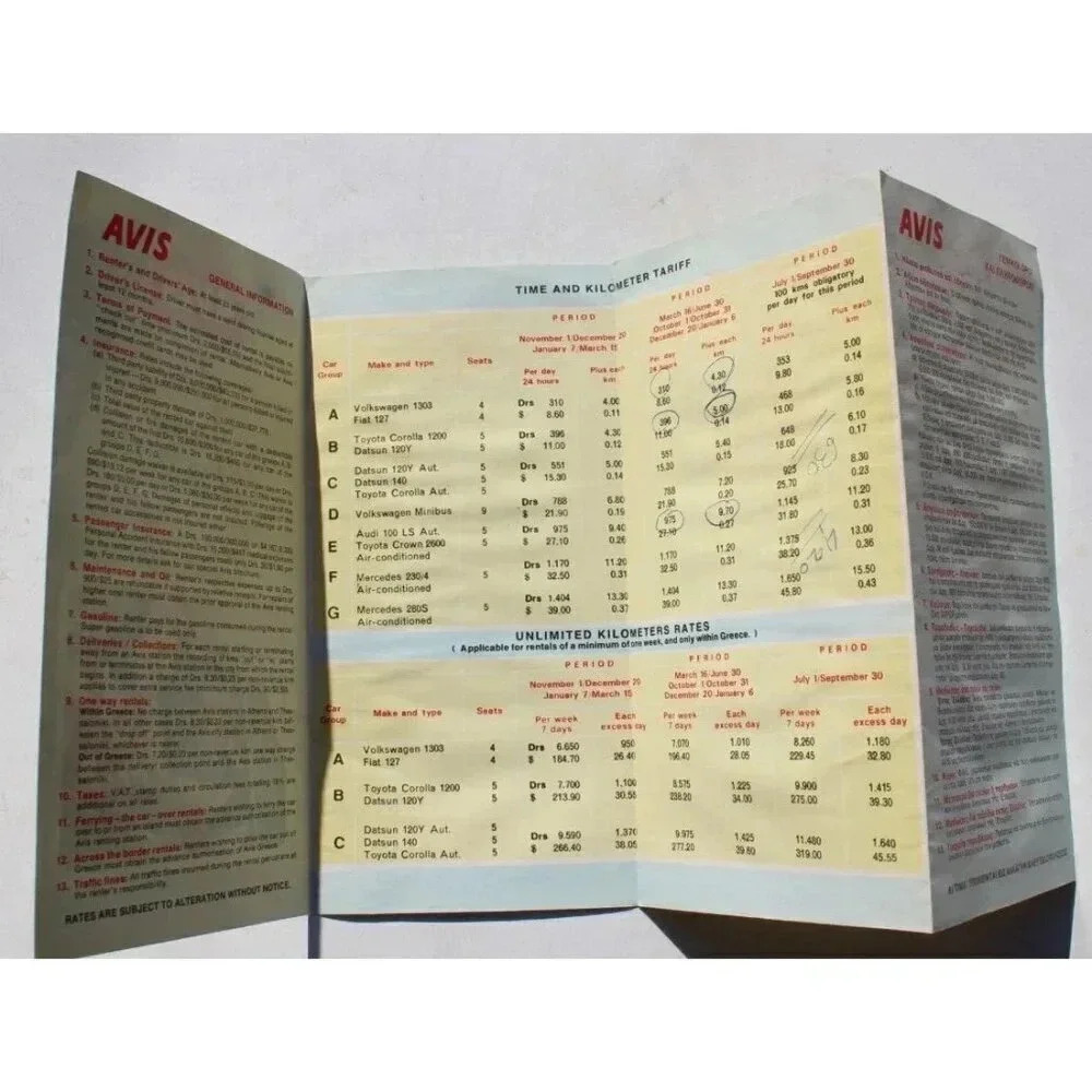 Rare Vintage 1977 Avis Rent A Car Rates In Greece Informational Brochure / Flyer - Picture 2 of 4